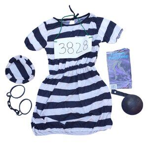 Convict/Prisoner Costume (Dress, Cap, Handcuffs, Ball and Chain, Fishnet, Sign)